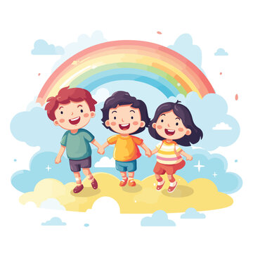 illustration of kids on rainbow background flat vec