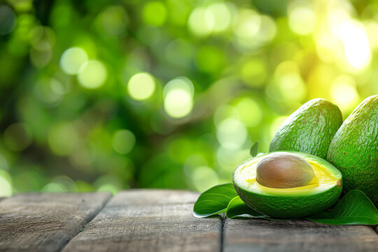 fresh healthy avocado fruit on a wooden table against the background of blurred nature, generative AI