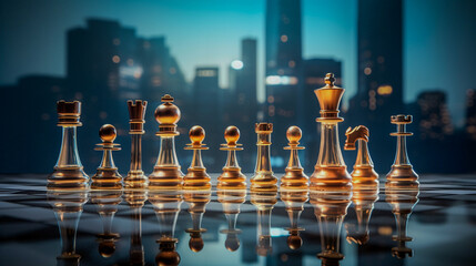 Chess pieces as futuristic city buildings on a strategic planning board - obrazy, fototapety, plakaty