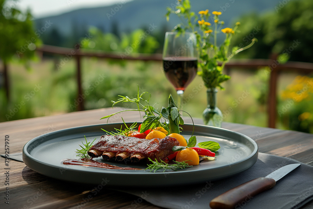 Wall mural juicy bbq ribs with vegetables outdoors on a spring barbecue, generative AI