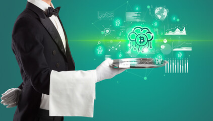 Fototapeta na wymiar Handsome young waiter in tuxedo holding currency icons on tray