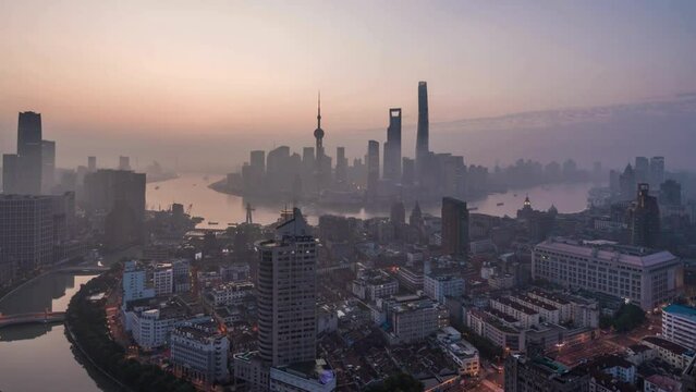 Sunrise over Shanghai skyline _ Shanghai, China.