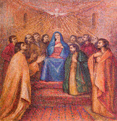 MILAN, ITALY - MARCH 8, 2024: The mosaic of Pentecost in the church Chiesa di Santi Quattro Evangelisti by Italo Persson and Silvio Consadori from 20. cent. - 759259328