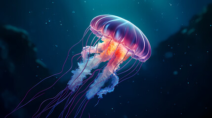 Vibrant jellyfish glide gracefully in the ocean water - obrazy, fototapety, plakaty