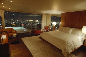 A large bedroom with a view of the city. The room is decorated with a black bed, a white bedspread, and a black and white rug. The room has a modern and sophisticated feel