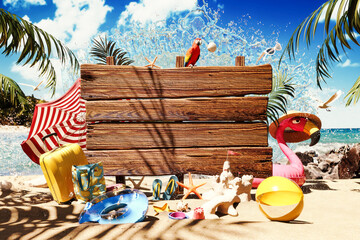 Empty wooden board on the beach with Summer accessories and palm tree. Summer travel background...