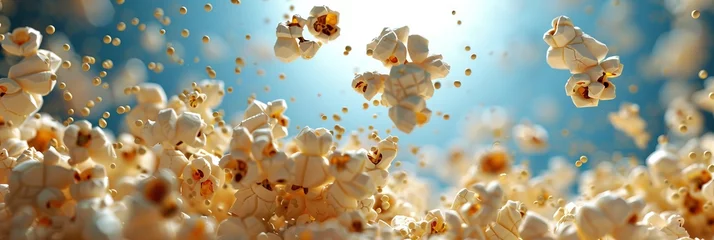 Fotobehang Popcorn Explosion, Flying Pop Corn, Cinema Concept, Copy Space © artemstepanov