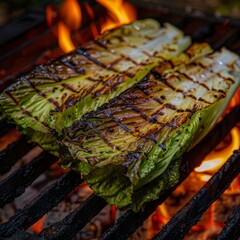 Grilled Lettuce, Green Romaine Lettuce Leaves Barbecue, Grilled Green Salad, Copy Space