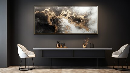 n elegant black and gold abstract painting, featuring intricate ink textures and watercolor elements that form a sophisticated design reminiscent of a contemporary luxury wallpaper