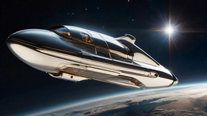 Fototapeta premium In a timeless photograph, an elegant astral aircraft shines in the soft light of distant stars