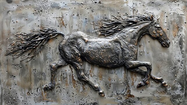 Contemporary Abstract Metal Horse Painting on Textured Background