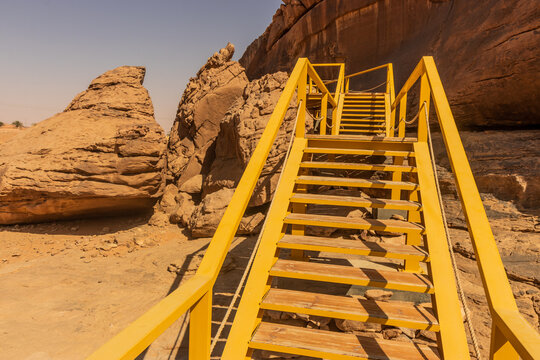 Stairs to the rock art (petroglyphs) in Jubbah, Saudi Arabia