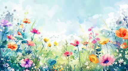 Fototapeta na wymiar Enchanting watercolor illustration of a vibrant spring flower meadow, bursting with color and beauty