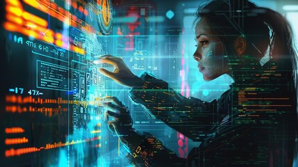 Female Programmer Analyzing Holographic Data and HTML Code in Futuristic Digital Painting Illustration - obrazy, fototapety, plakaty