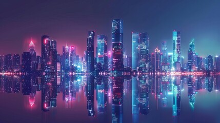 Futuristic city skyline with holographic interface, augmented reality, smart city technology concept