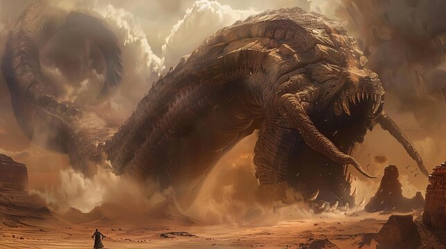 Giant sand worm emerging from desert, fantasy creature, epic battle scene, dramatic illustration