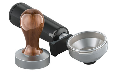 Portafilter and coffee tamper of Espresso Machine. 3D rendering isolated on transparent background