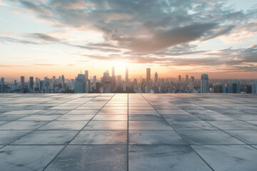 Panoramic view of empty concrete tiles floor with city skyline. Sunrise scene. 