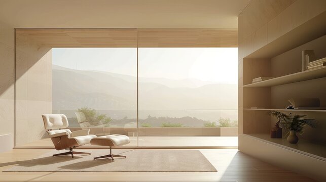 Modern minimalist home interior a chill room relax place, shelf and panoramic window. AI generated