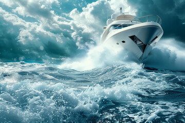 A ship caught in a storm with large waves, flooding of the ship