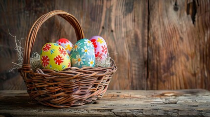 Obraz na płótnie Canvas Rustic Easter Basket with Colorful Hand-Painted Eggs on Wooden Table