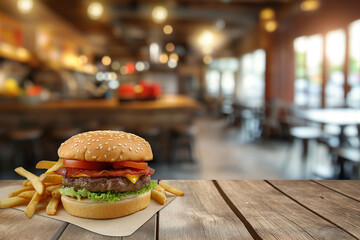 juicy hamburger with beef and vegetables and french fries lie on a wooden table in a fast food...