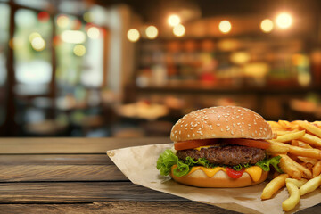 juicy hamburger with beef and vegetables and french fries lie on a wooden table in a fast food...
