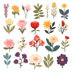 Isolated set of flowers illustration flat vector il - obrazy, fototapety, plakaty