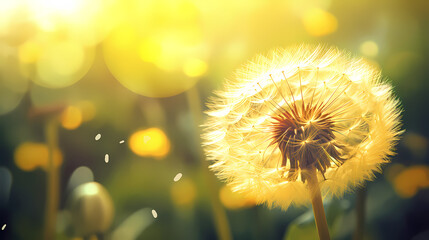 Dandelions in the sun, seeds fluttering in the wind