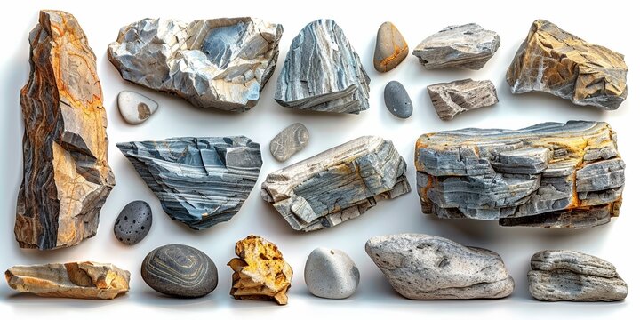 An assortment of various minerals and rocks, isolated on a white background, showcasing different textures and colors.