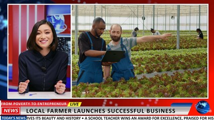 Woman presenter doing news reportage on agriculture business, presenting local farmer working in...