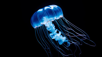 Glowing jellyfish swim deep in the ocean