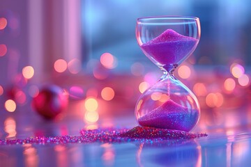 A close-up of an hourglass with pink sand flowing through the center section.