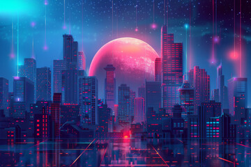 Vector illustration urban architecture, cityscape with space and neon light effect. 