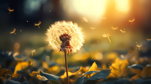 Dandelions in the sun, seeds fluttering in the wind © jiejie