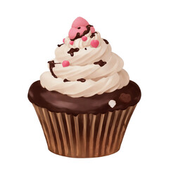 Isolated chocolate cupcake with cream frosting on a white background