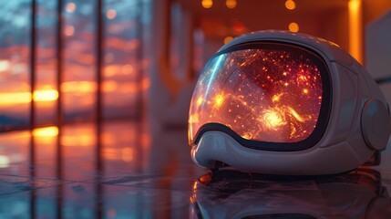 A space helmet is placed on top of a table, showcasing its design and futuristic appearance. - obrazy, fototapety, plakaty