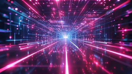 Foto op Plexiglas Retro cyberpunk style futuristic background with glowing laser grid modern landscape. AI generated © yusufadi