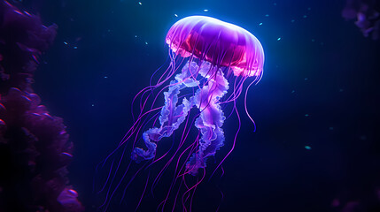 Obraz premium Glowing jellyfish swim deep in the ocean
