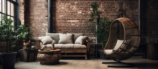 Rustic lounge with rattan armchair, coffee table, brick walls, and industrial interior design.