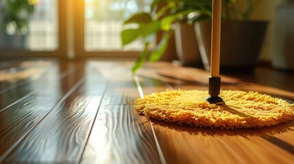 A wooden floor with a mop laying on top, ready for cleaning. - obrazy, fototapety, plakaty