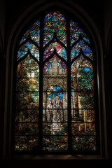 Obraz na płótnie Canvas colorful sacred stained glass windows in the church, generative AI