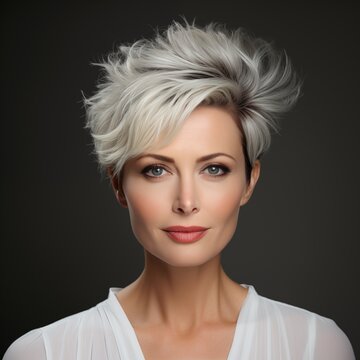 Picture of a Stunning white young woman in a studio setting, her French twist hairstyle adding elegance as she looks at the camera against a gray backdrop
