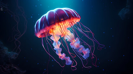 Glowing jellyfish swim deep in the ocean - obrazy, fototapety, plakaty
