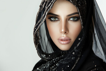 beautiful muslim woman in full makeup on white background for cosmetics, massage and beauty industry advertisements, generative AI