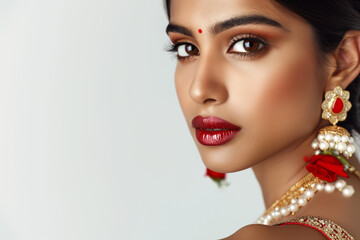 beautiful indian woman in full makeup on white background for beauty, massage and beauty industry advertisements, generative AI