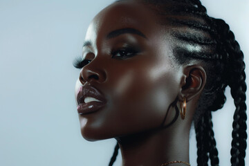 beautiful black woman in full makeup on white background for cosmetics, massage and beauty industry advertisements, generative AI