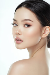 beautiful asian woman in full makeup on white background for advertisements from the cosmetics, massage and beauty industry, generative AI