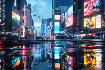 3D Rendering of billboards and advertisement signs at modern buildings in capital city with light reflection from puddles on street.  - obrazy, fototapety, plakaty