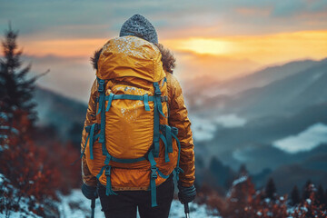 Hiker Enjoying Sunset on a Mountain Trek. Generative AI image